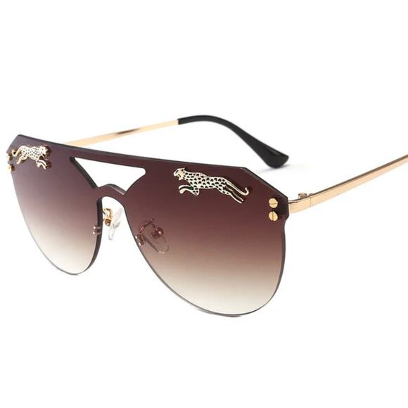 LUXURY Rimless Oversized Cateye Leopard Tiger Sunglasses Gold Accent Brown NEW - Picture 2 of 6